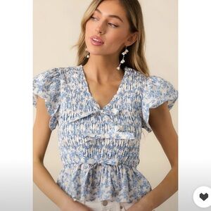 WILDFLOWER VALLEY LIGHT BLUE FLORAL COTTON PUFF SLEEVE TOP